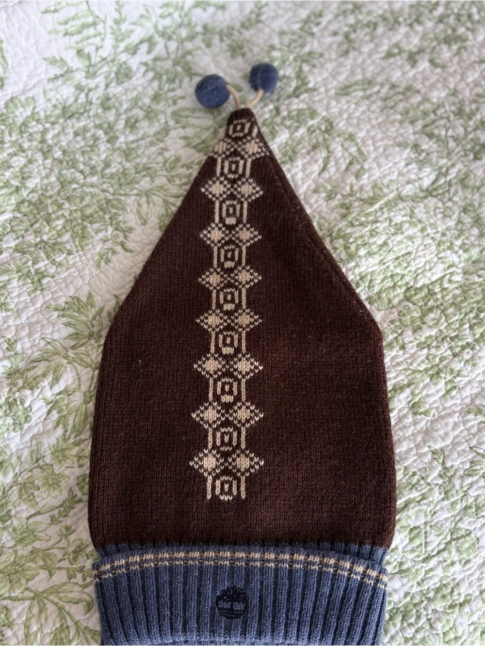Timberland Brown Knit Pointed Beanie with Blue Cuff and Poms